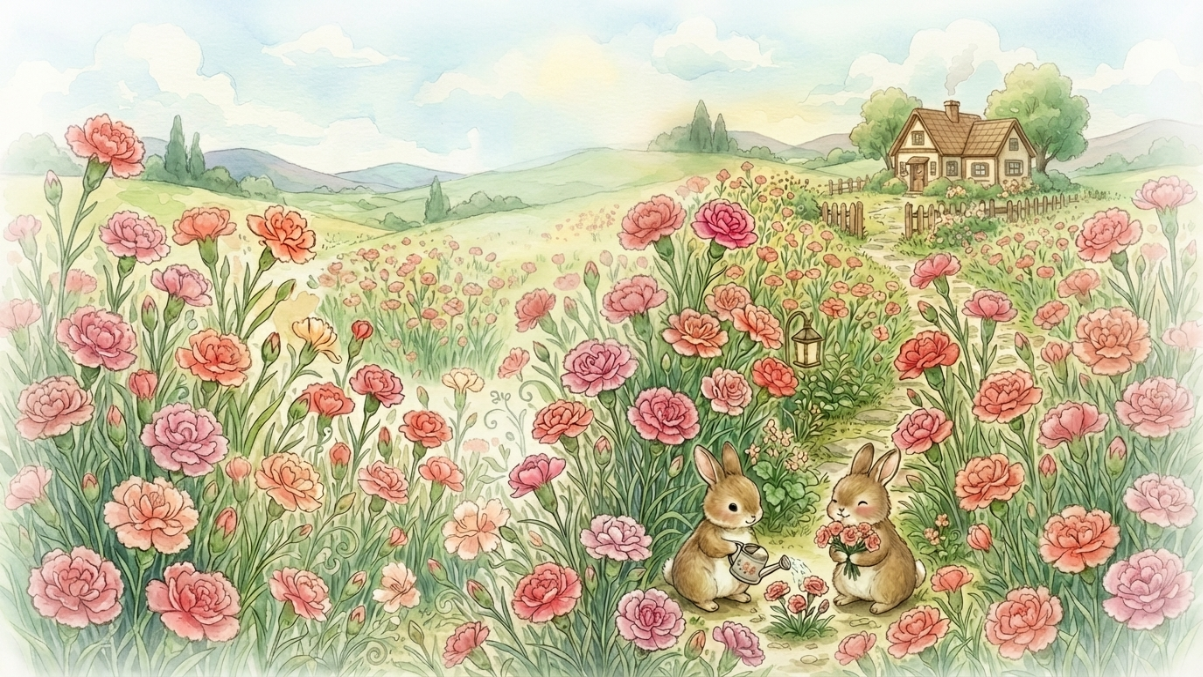 두 마리 토끼가 카네이션을 가꾸는 일러스트